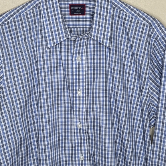 Untuckit | Blue Gray White Plaid Button Front Shirt Size Large - Picture 2 of 4
